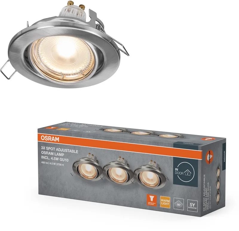 Spot Set Inbouwspot GU10, 4,5W 2700K warm wit, draaibaar, Aluminium GU10 inbegrepen de Osram en Satijn nikkel – photo produit