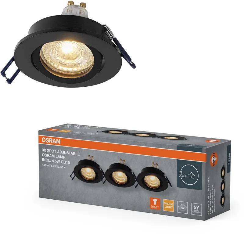 Spot Set LED inbouwspot 4,5W 2700K warm wit, aluminium, draaibare klikbevestiging, set van 3 fra Osram i Sort – produktbillede