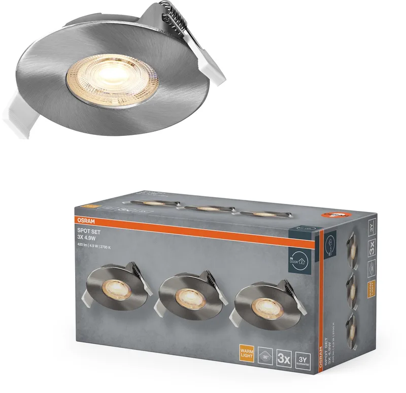 Spot Set LED inbouwspot, 4,9W, 2700K, plafondspot 36°, satijnnikkel, aluminium/kunststof, set van 3 by Osram in Satijn nikkel – product photo