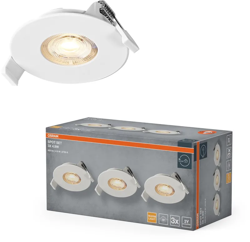 Spot Set LED inbouwspot, 4,9W, 2700K, plafondspot 36°, wit, aluminium, warm wit, set van 3 de Osram en Blanc – photo produit