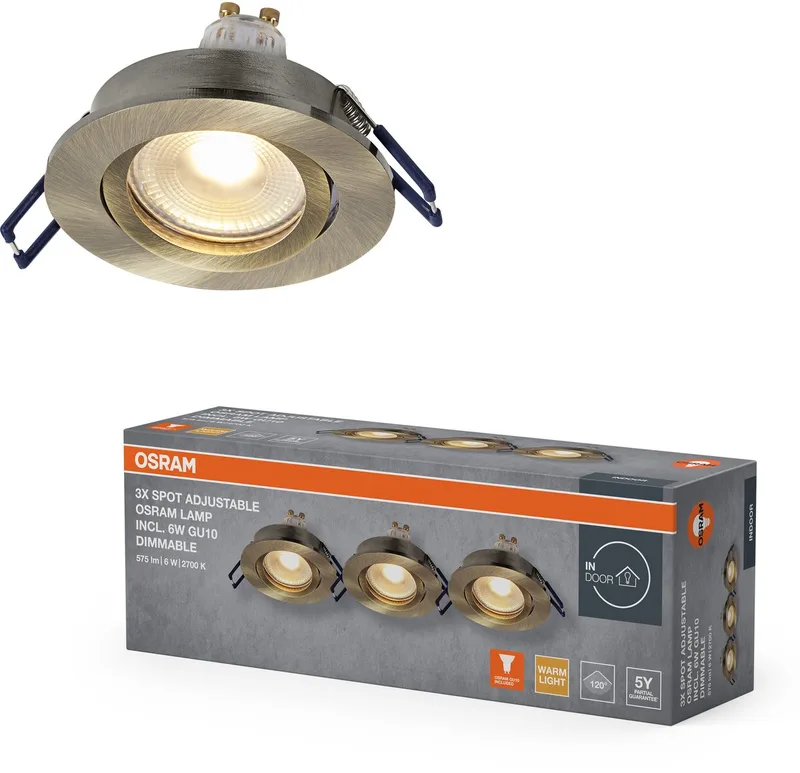 Spot Set LED inbouwspot DIM 6W gepatineerd messing 85mm, 500lm 2700K warm wit, CRI≥80, dimbaar aluminium, set van 3 från Osram – produktbild