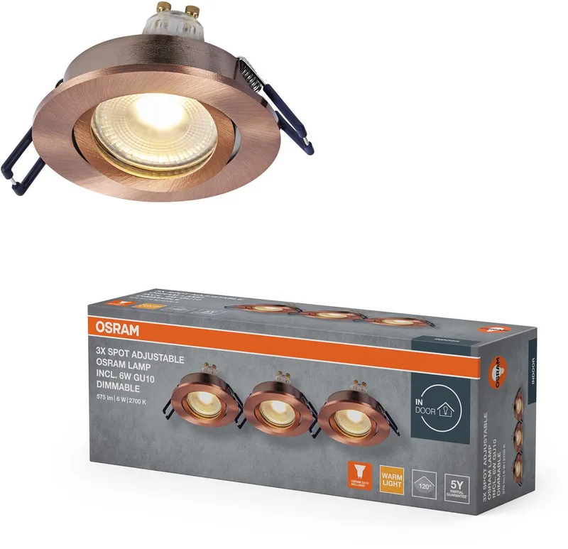 Spot Set LED inbouwspot DIM 6W rood messing, 500lm 2700K warm wit, CRI≥80, dimbaar aluminium, set van 3 by Osram – product photo