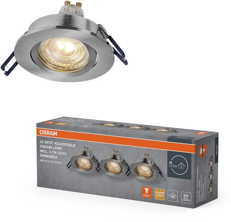 Spot Set LED inbouwspot DIM Flexibel 3,7W satijnnikkel, 2700K, aluminium, dimbaar klikmontage, set van 3 de Osram en Satijn nikkel – photo produit