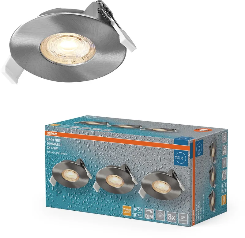 Spot Set LED inbouwspot DIM IP44 4,9W satijnnikkel, set van 3 badkamer dimbaar draaibaar, warm wit 2700K de Osram en Satijn nikkel – photo produit
