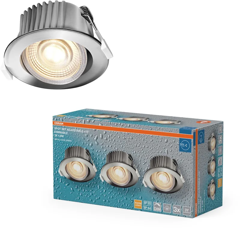 Spot Set LED inbouwspot DIM IP44 4,9W set van 3 badkamer dimbaar draaibaar, warm wit 2700K de Osram en Chrome – photo produit