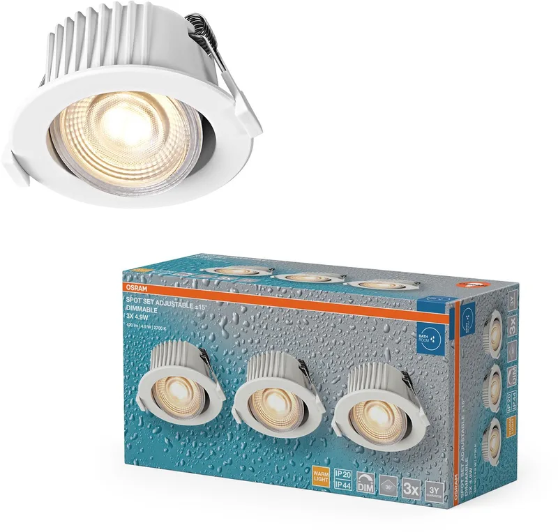 Spot Set LED inbouwspot DIM IP44 4.9W Wit, set van 3 badkamer dimbaar draaibaar, warm wit 2700K fra Osram i Hvid – produktbillede
