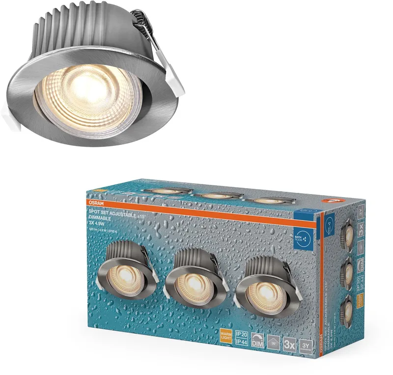 Spot Set LED inbouwspot DIM IP44 Richtbaar satijnnikkel, set van 3 badkamer dimbaar, warm wit 2700K de Osram en Satijn nikkel – photo produit