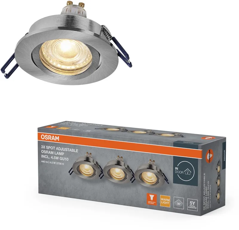 Spot Set LED inbouwspot flexibel 4,5W satijnnikkel, 2700K, aluminium, draaibare klikbevestiging, set van 3 fra Osram i Satijn nikkel – produktbillede