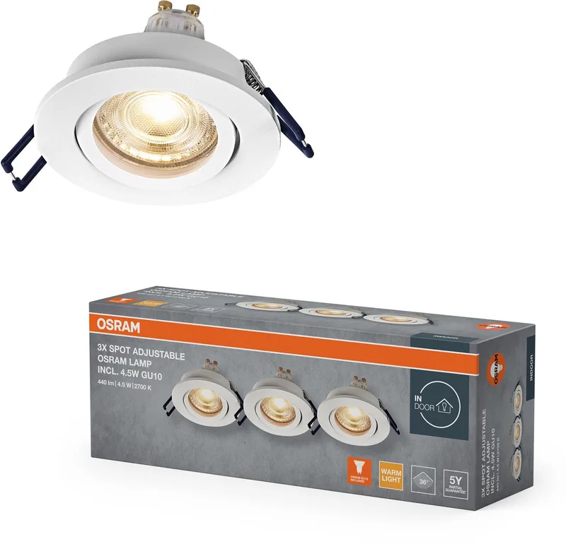 Spot Set LED Inbouwspot Flexibel 4,5W Wit, 2700K Warm Wit, Aluminium, Draaibare Klikbevestiging, Set van 3 van Osram in Wit – productfoto