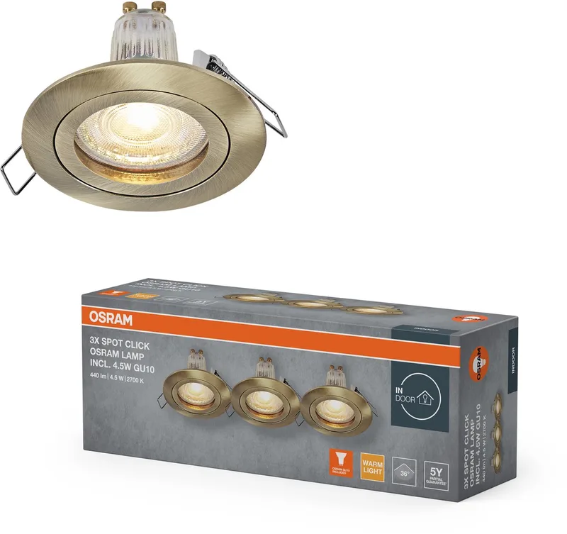 Spot Set LED inbouwspot GU10 4,5W gepatineerd messing Click, 2700K warm wit, aluminium, klikbevestiging, set van 3 de Osram en Groen messing – photo produit