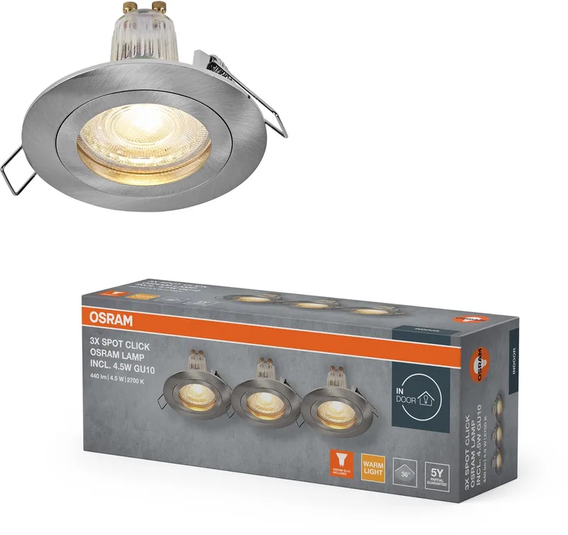 Spot Set LED inbouwspot GU10 4,5W Satin Click, 2700K warm wit, aluminium, eenvoudige klikinstallatie, set van 3 de Osram en Satijn nikkel – photo produit