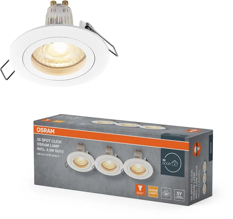Spot Set LED inbouwspot GU10 4,5W Wit Klik, 2700K warm wit, aluminium, eenvoudige klikinstallatie, set van 3 fra Osram i Hvid – produktbillede