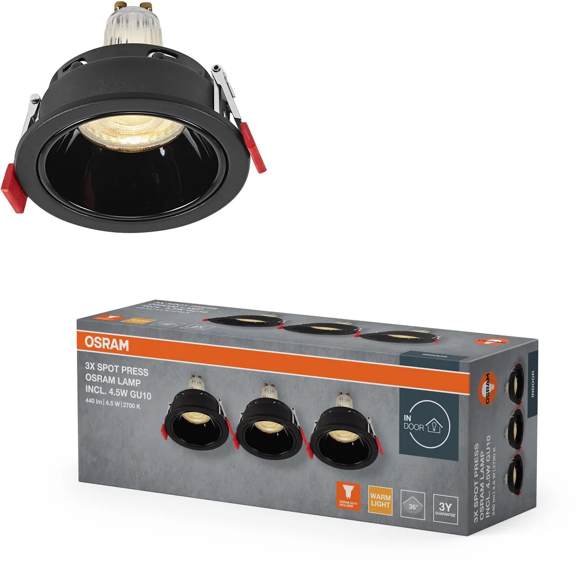 Spot Set LED inbouwspot GU10 Press 4,5W 2700K Warm Wit, Staal-kunststof, 35mm inbouw, set van 3 von Osram in Schwarz – Produktfoto