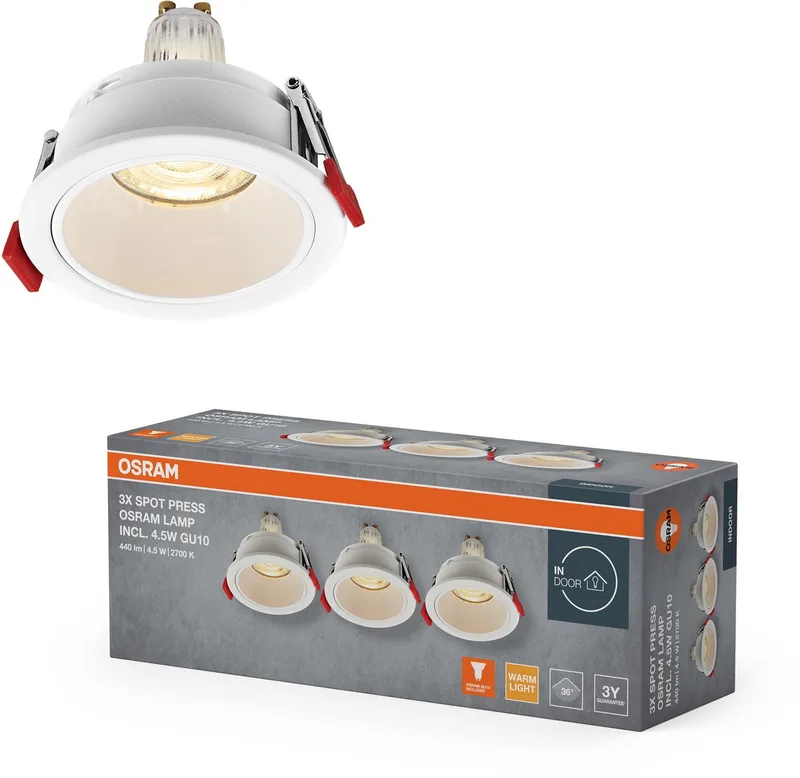 Spot Set LED inbouwspot GU10 Press 4,5W Wit, 400lm 2700K Warm Wit, CRI≥80, staal-kunststof, set van 3 by Osram in White – product photo