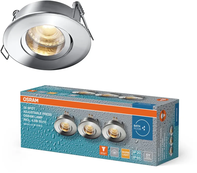 Spot Set LED inbouwspot IP65 Press 4,5W 320lm 2700K Warm Wit, CRI≥80, geschikt voor vochtige ruimtes, set van 3 de Osram en Chrome – photo produit