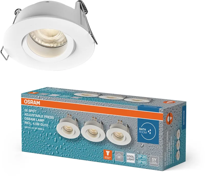 Spot Set LED inbouwspot IP65 Press 4,5W 840 Wit, 4000K Neutraal Wit, Aluminium, Vochtbestendig, Set van 3 fra Osram i Zandwit – produktbillede