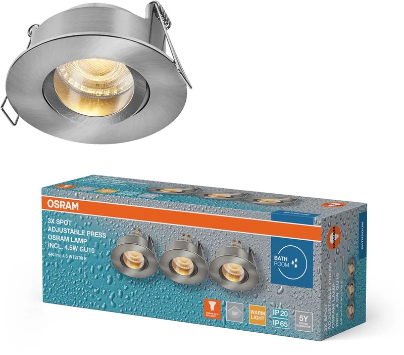 Spot Set LED inbouwspot IP65 Press 4,5W satijnnikkel, 320lm 2700K warm wit, CRI≥80, vochtige ruimte, set van 3 von Osram in Satijn nikkel – Produktfoto