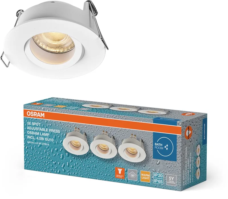 Spot Set LED inbouwspot IP65 Press 4,5W Wit, 320lm 2700K Warm Wit, CRI≥80, geschikt voor vochtige ruimtes, set van 3 von Osram in Weiß – Produktfoto