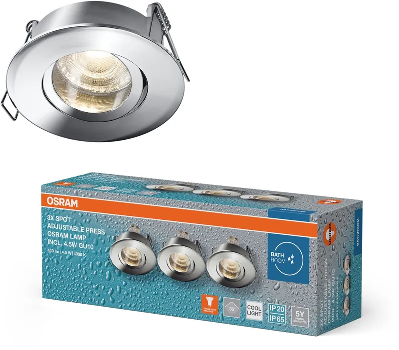 Spot Set LED inbouwspot IP65 Press 840 4,5W 4000K neutraal wit, aluminium, vochtige ruimte, set van 3 von Osram in Chrom – Produktfoto