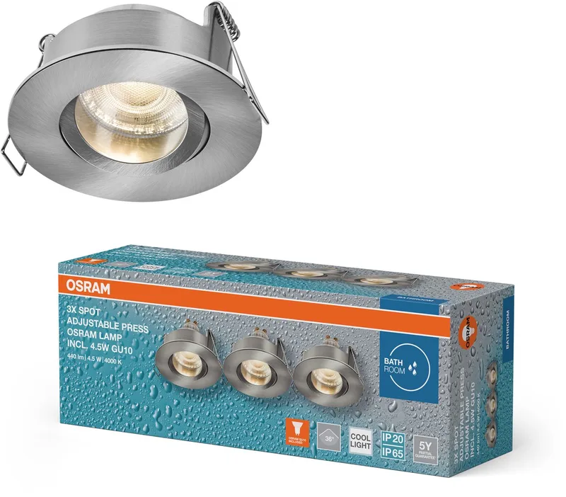 Spot Set LED inbouwspot IP65 Press 840 satijnnikkel, 4,5W 4000K neutraal wit, vochtige ruimte, set van 3 de Osram en Satijn nikkel – photo produit