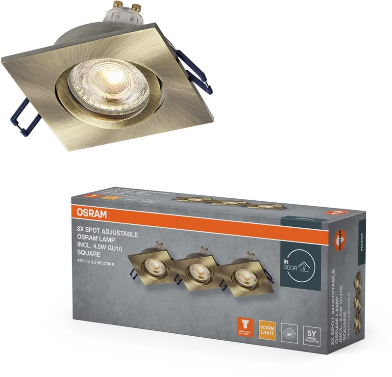 Spot Set LED inbouwspot vierkant flexibel gepatineerd messing, 4,5W 2700K warm wit, aluminium, klikmontage, set van 3 de Osram en Groen messing – photo produit