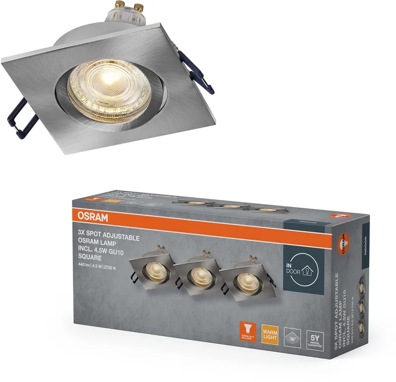 Spot Set LED inbouwspot vierkant flexibel satijnnikkel, 4,5W 2700K warm wit, aluminium, klikmontage, set van 3 de Osram en Satijn nikkel – photo produit