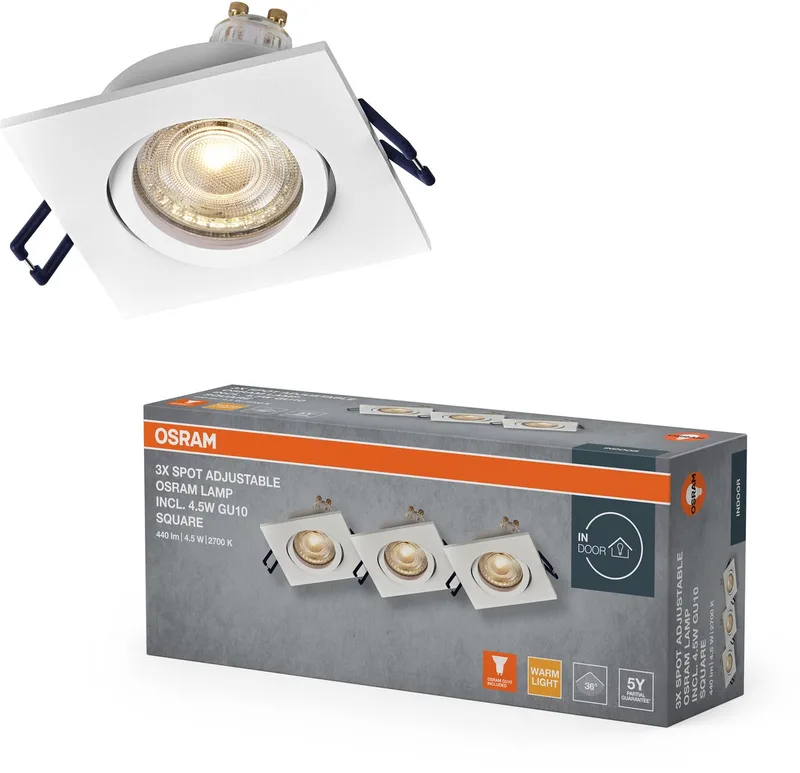 Spot Set LED inbouwspot vierkant flexibel wit, 4,5W 2700K warm wit, aluminium, klikmontage, set van 3 de Osram en Zandwit – photo produit