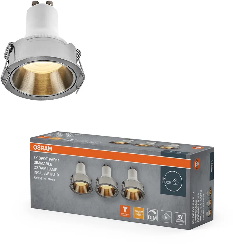 Spot Set PAR11 LED inbouwspot DIM 3W 827 satijnnikkel, 2700K warm wit, aluminium, dimbaar, set van 3 fra Osram i Satijn nikkel – produktbillede