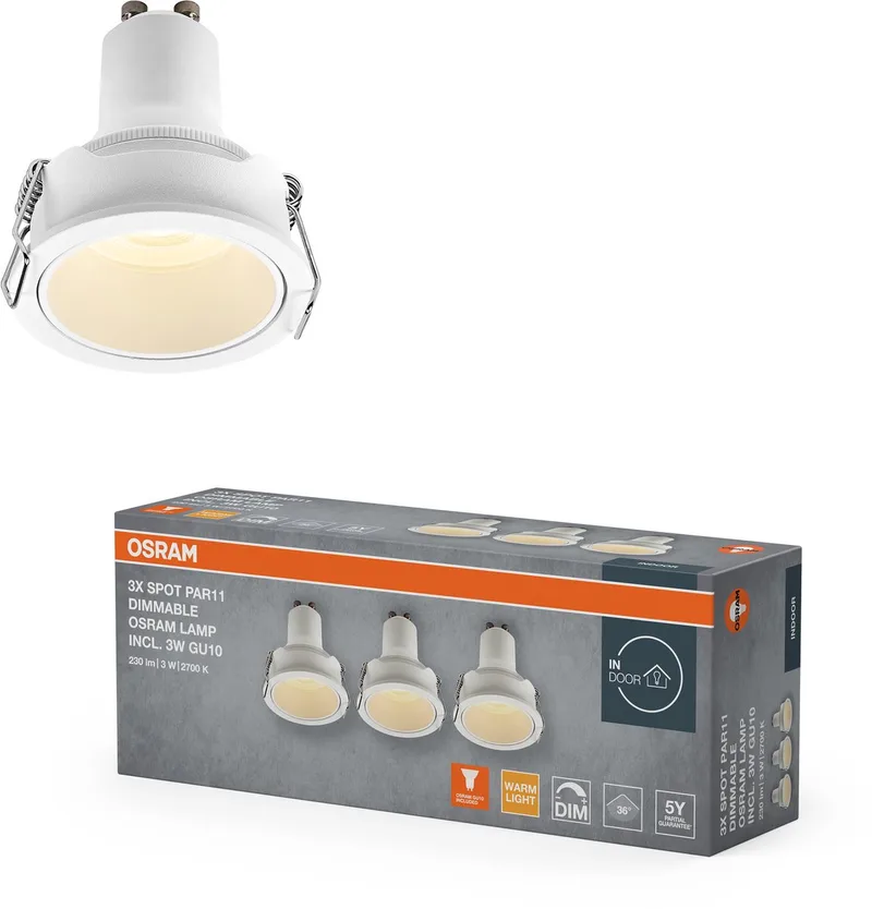 Spot Set PAR11 LED inbouwspot DIM 3W 827 Wit, 2700K Warm Wit, Aluminium, Dimbaar compact, set van 3 von Osram in Zandwit – Produktfoto