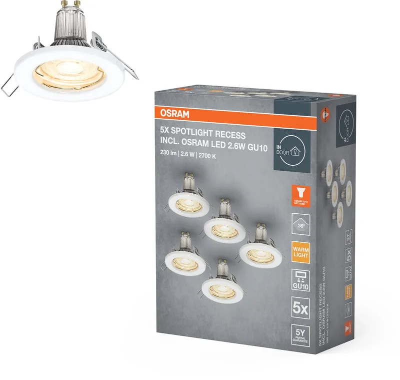 Spotlight inbouw plafondlamp set in inclusief LED 5x2.6W GU10, IP20 bescherming, geschikt voor binnengebruik van Osram in Wit – productfoto