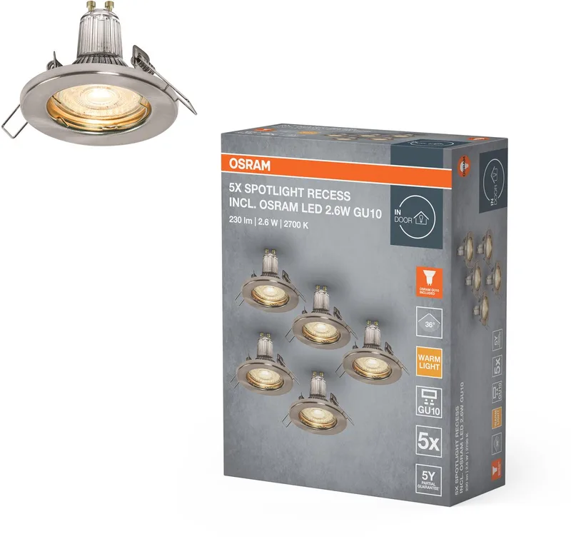 Spotlight inbouw plafondlamp set in inclusief LED 5x2.6W GU10, IP20 bescherming voor binnengebruik fra Osram i Geborsteld nikkel – produktbillede