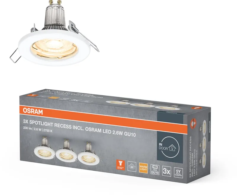 Spotlight plafond inbouwlamp set inclusief GU10 LED lampen 3x2.6W in IP20 bescherming voor binnentoepassingen von Osram in Weiß – Produktfoto