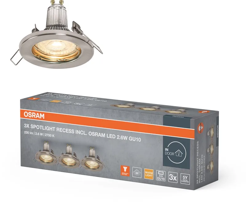 Spotlight plafond inbouwlamp set inclusief GU10 LED lampen 3x2.6W in IP20 bescherming voor gebruik binnenshuis de Osram en Geborsteld nikkel – photo produit