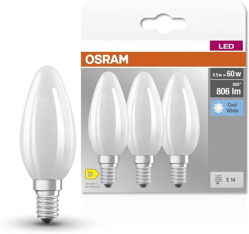 HOMELIGHTING 4058075592575 LED EEK D (A - G) E14 Kerzenform 5.5 W = 60 W Kaltweiß (Ø x L) 35 mm x 100 mm 3 St. von Osram – Produktfoto