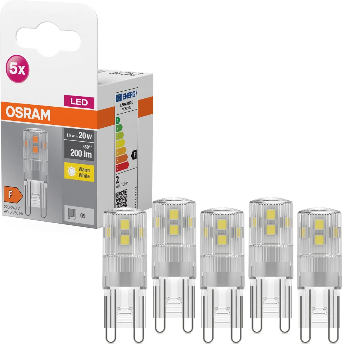 Star PIN LED lamp, G9-basis helder glas ,Warm wit (27-K), 2- Lumen, substituut voor 2-W-verlichtingsmiddel niet-dimbaar, 5-Pak från Osram – produktbild