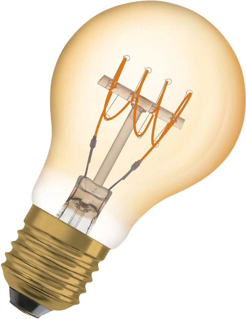 Vintage 1906 LED CLASSIC A,B,P SLIM FILAMENT DIMBAAR in A-vorm, LED-lamp, LOODVRIJ GLAS, Goud, 4,8 W, (ex 35 W), 400 lm, warm wit, 2200 K, dimbaar, 15000 u de Osram – photo produit