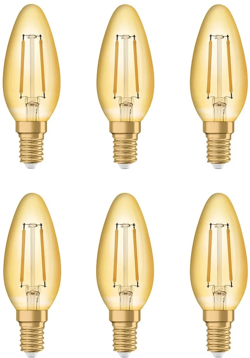 Vintage 1906 LED Kaarslamp E14 - 1.5W 120lm 2400K Goudkleurig Glas - Ø35mm - Retro Kaarslamp - Geschikt voor Wandlampen & Hotels - 6 stuks van Osram – productfoto