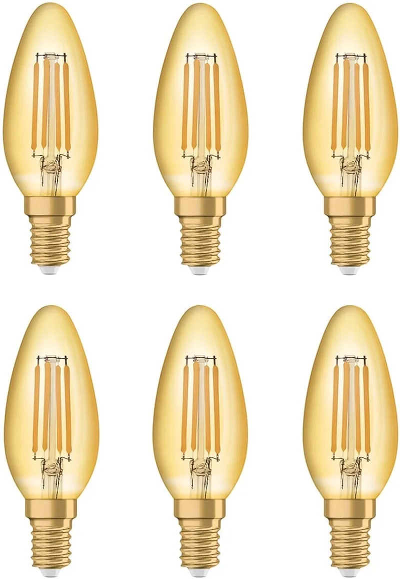 Vintage 1906 LED Kaarslamp E14 - 4W 410lm 2400K Goudkleurig Glas - Ø35mm - Retro LED Kaarslamp - Voor Luxe Hotels, Restaurants & Woonkamers - 6 stuks van Osram – productfoto
