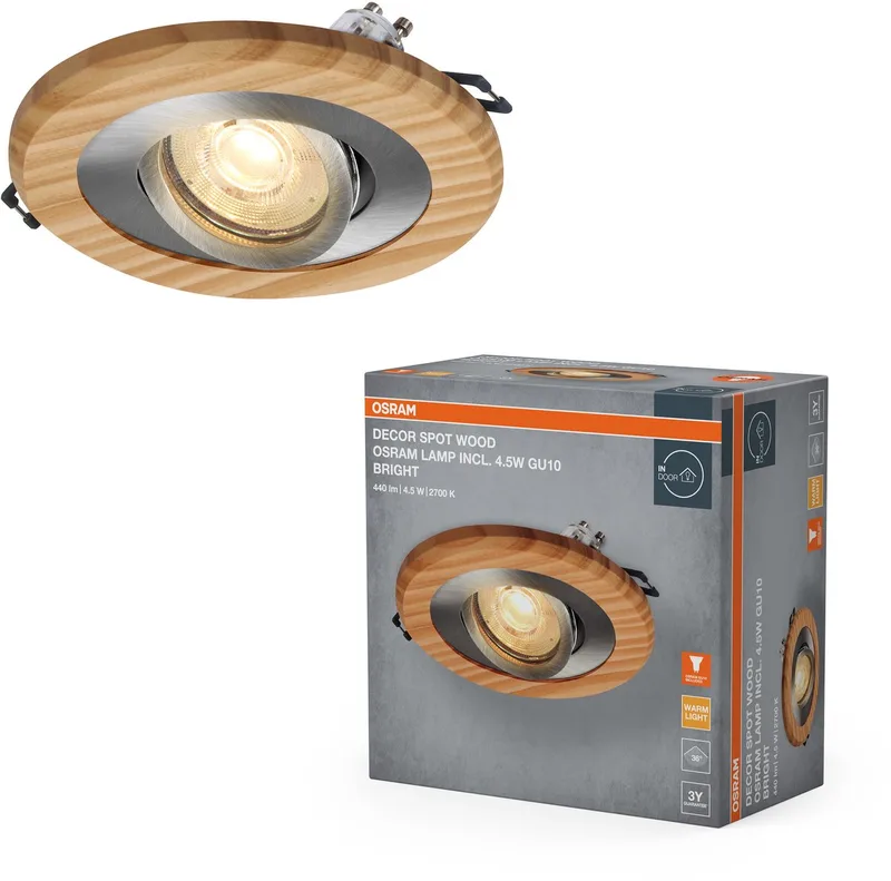 Wood LED Spot GU10 Bright 4.5W Satijnnikkel Hout, Houtlook, Aluminium, Natuurlijke Materiaalcombinatie, Set van 3 von Osram in Satijn nikkel – Produktfoto