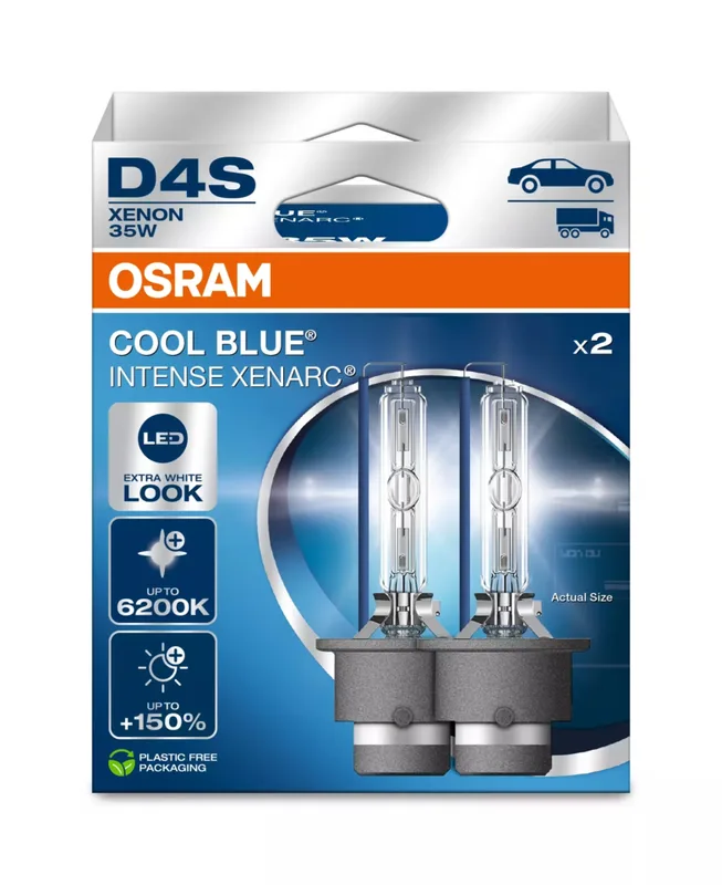 XENARC® COOL BLUE® INTENSE D4S, +150 % de luminosité supplémentaire, jusqu’à 6 200 K, ampoule de phare à xénon, aspect LED, 2 ampoules de Osram – photo produit