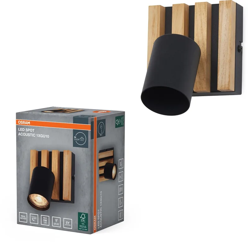 zwart/houtdecor, staal en grenenhout, 220-240 V, GU10, klemverbinding, 3-polig (L, N, PE), IP20 von Osram in Schwarz, Hout decor – Produktfoto