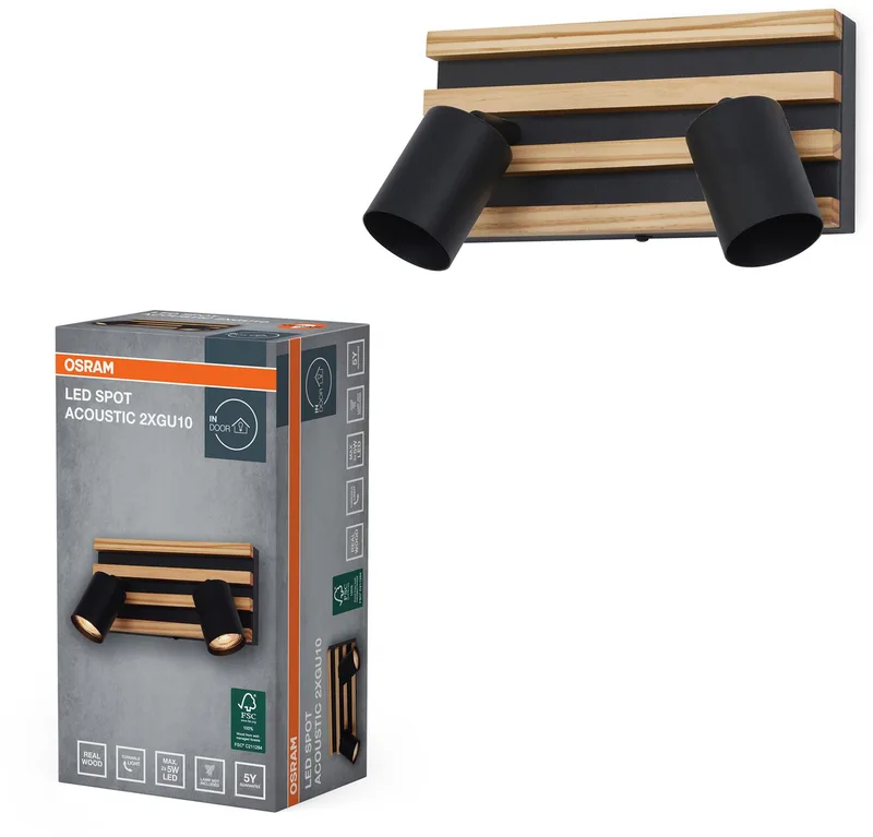 zwart/houtdecor, staal en grenenhout, 220-240 V, GU10, klemverbinding, 3-polig (L, N, PE), IP20 de Osram en Noir, Hout decor – photo produit