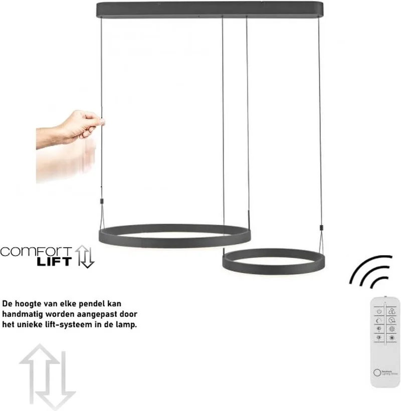 Hanglamp Esko 2 Ringen Led Comfortlift van Paul Neuhaus in Zwart – productfoto