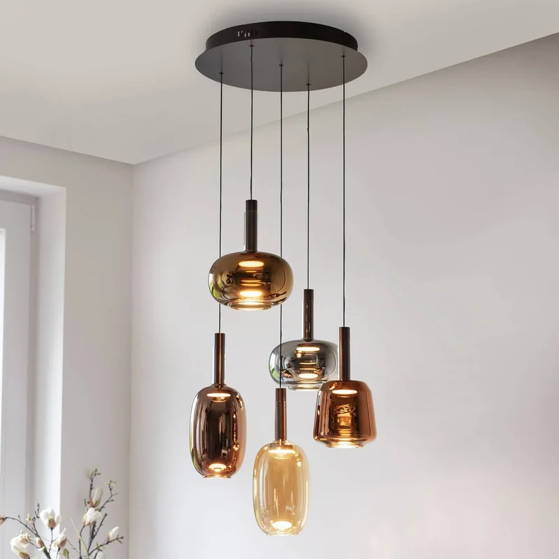 hanglamp Irides, Ø 55 cm, gekleurd, glas de Paul Neuhaus en Amber, Rookgrijs, Marron – photo produit