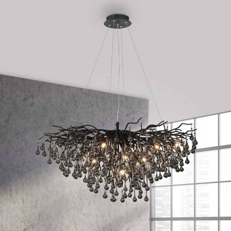 IJspegel kroonluchter, zwart, glas hangend, lengte 100 cm de Paul Neuhaus en Noir, Rookgrijs – photo produit