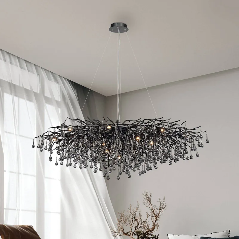 IJspegel kroonluchter, zwart, glas hangend, lengte 150 cm de Paul Neuhaus en Noir, Rookgrijs – photo produit