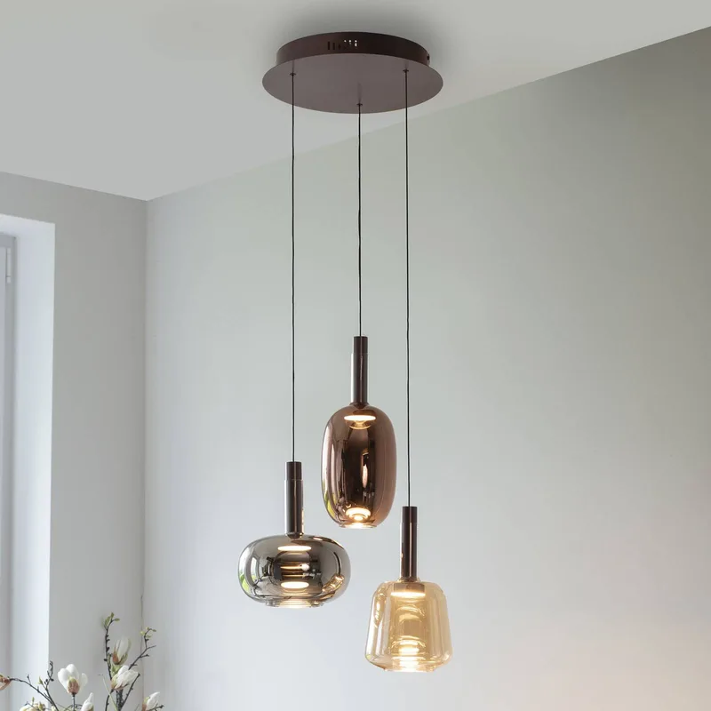 Irides LED hanglamp, Ø 43 cm, gekleurd, glas de Paul Neuhaus en Amber, Rookgrijs, Marron – photo produit
