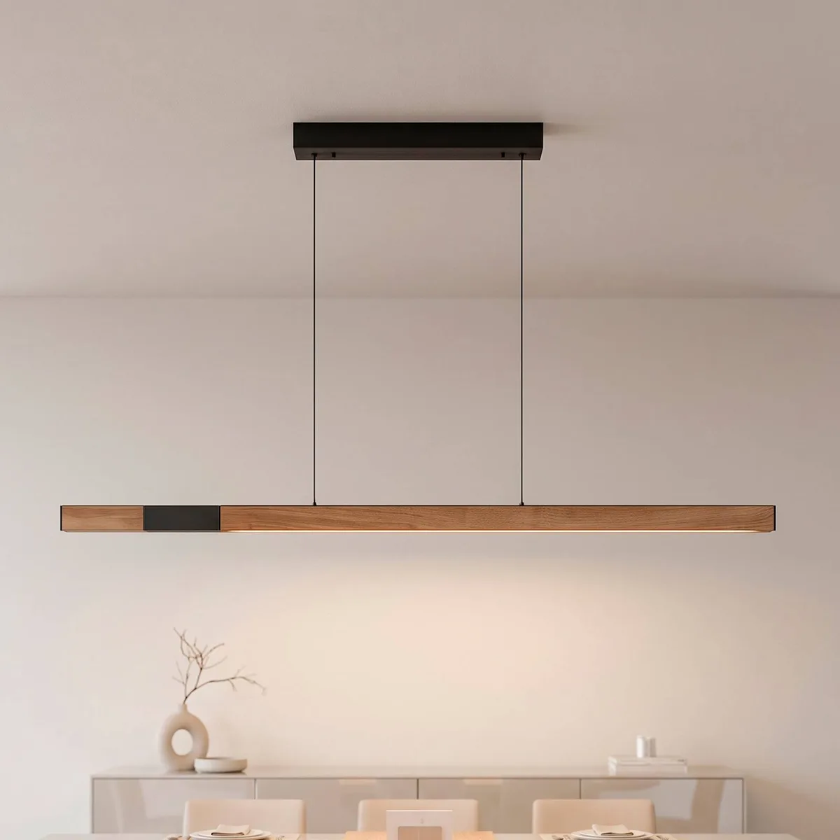 LED hanglamp Adriana, zwart/eiken, lengte 179 cm, CCT de Paul Neuhaus en Geolied eiken, Noir – photo produit