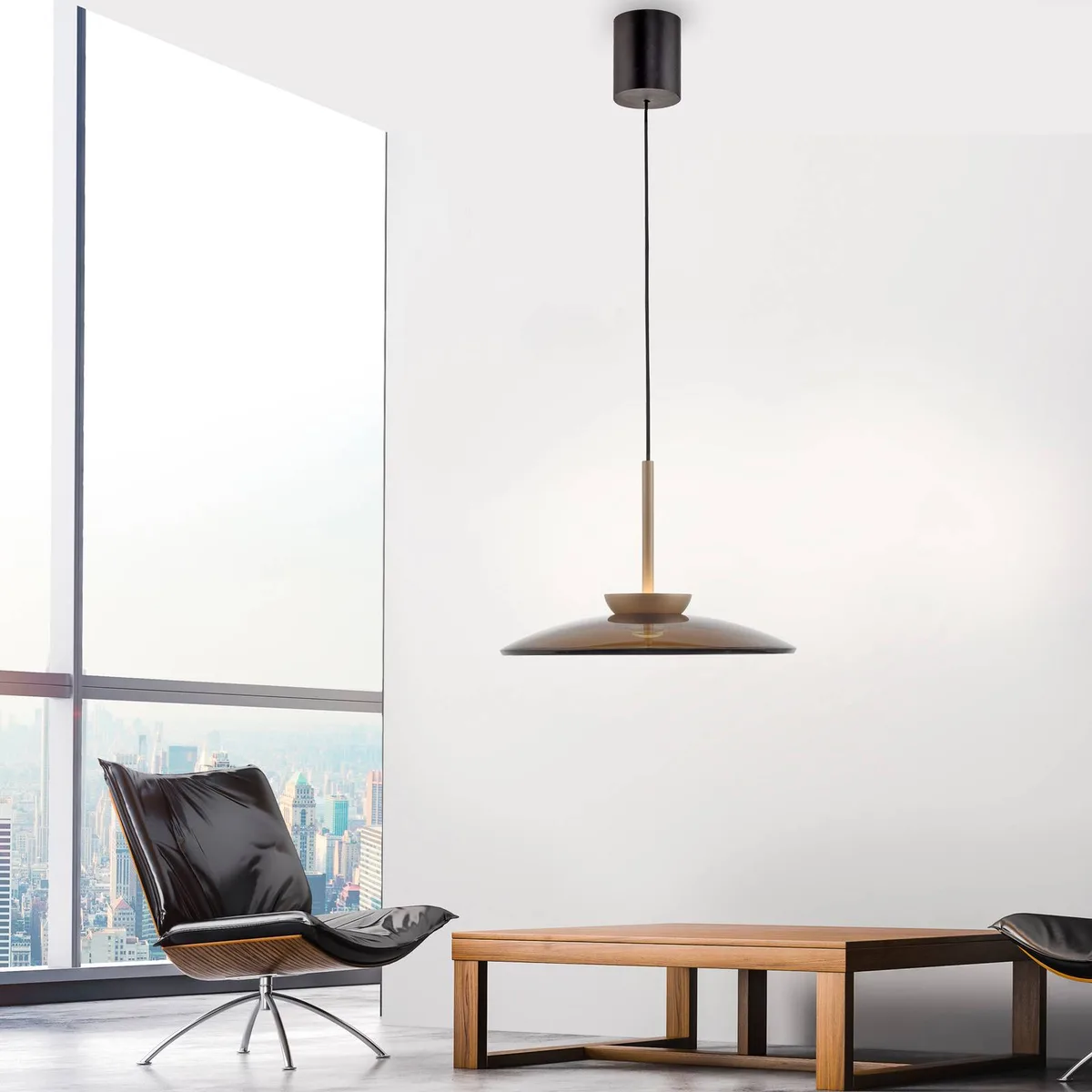 LED hanglamp PURE E-Moon brons, amberglas (donker), Ø50cm de Paul Neuhaus en Bronze, Amber (donker) – photo produit