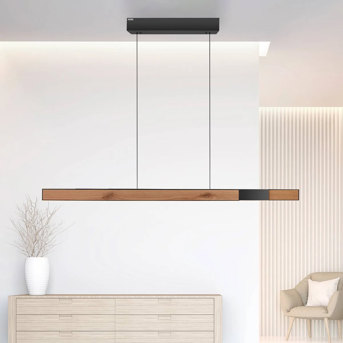 LED hanglamp PURE Moto-Rise, eiken/zwarte parel, aluminium, CCT van Paul Neuhaus in Eikenhout, Zwarte parel – productfoto